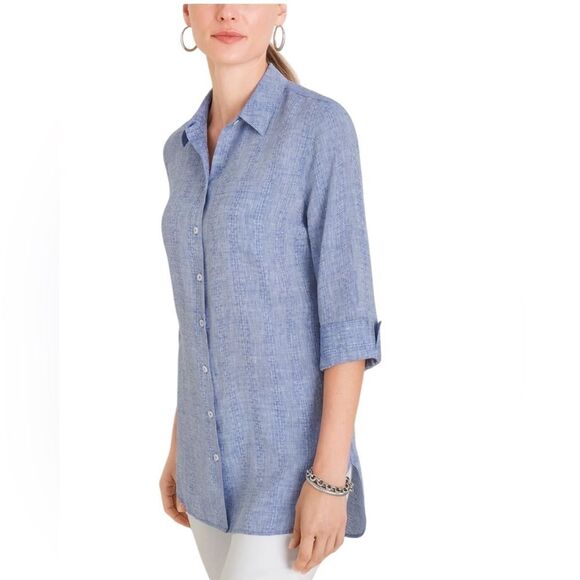 Chico’s blue No-Iron Linen High-Low Shirttail-Hem Tunic size extra large - Picture 1 of 9